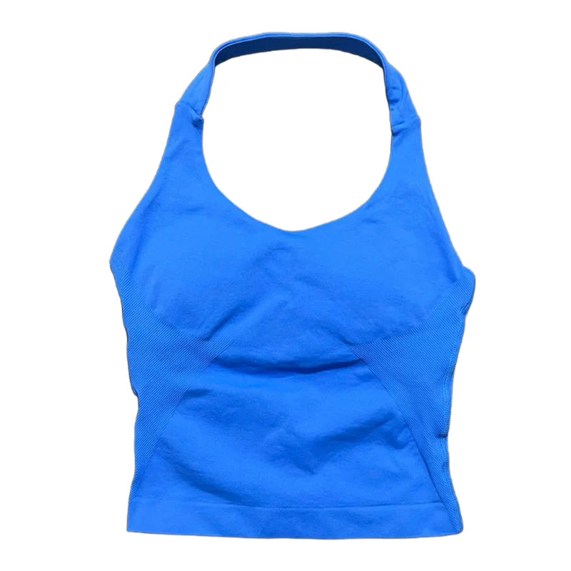Débardeur de sport long dos nu pour femme, sans coutures, idéal pour le yoga, avec coussinets amovibles pour la poitrine et effet push-up. Haut de fitness et de course à pied.