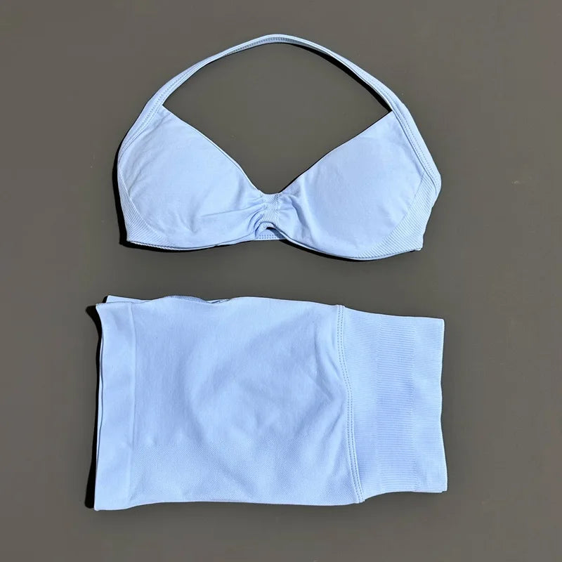 2 Piece Sport Set Women Seamless Yoga Tank Bra High Waist Scrunch Bum Gym Shorts Sets Fitness Running Workout Suit