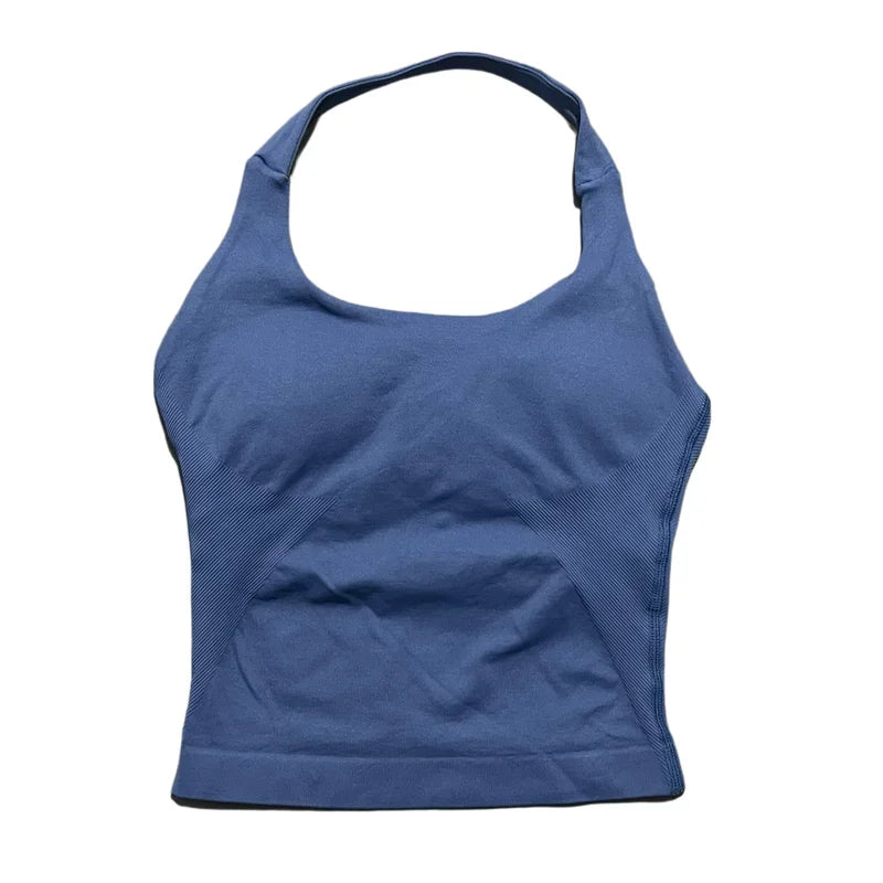Débardeur de sport long dos nu pour femme, sans coutures, idéal pour le yoga, avec coussinets amovibles pour la poitrine et effet push-up. Haut de fitness et de course à pied.