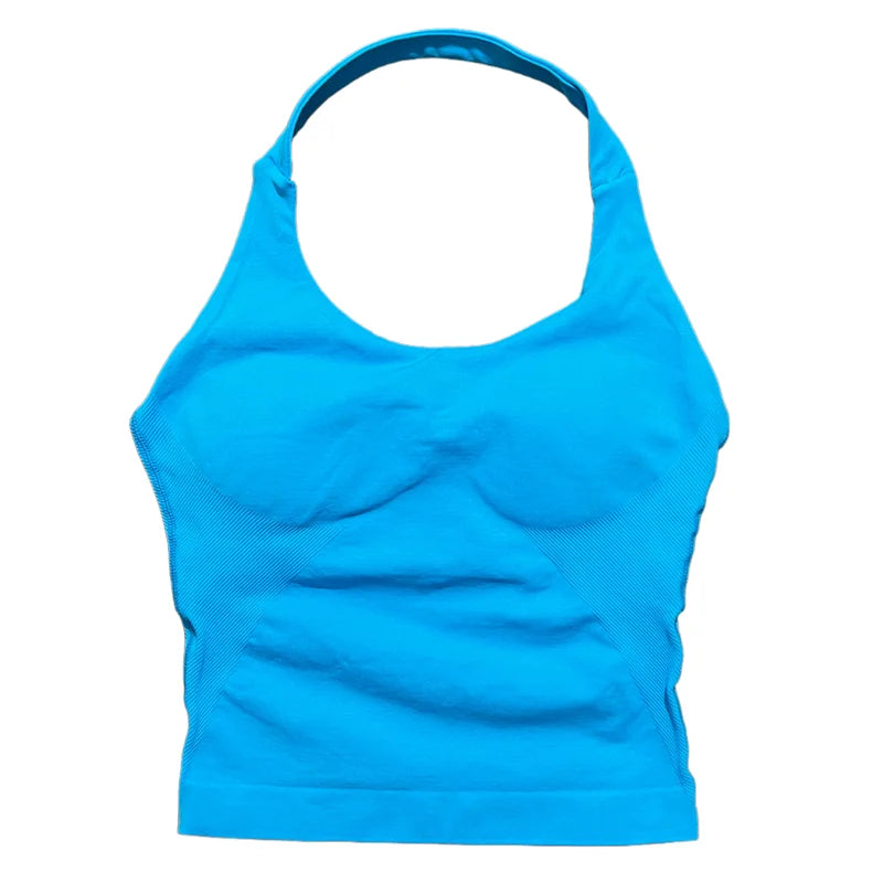 Débardeur de sport long dos nu pour femme, sans coutures, idéal pour le yoga, avec coussinets amovibles pour la poitrine et effet push-up. Haut de fitness et de course à pied.