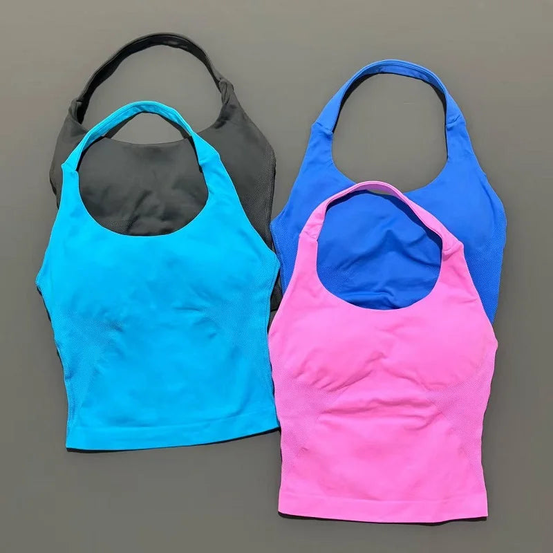 Top largo de gimnasio con cuello halter para mujer, sin costuras, para yoga, con almohadilla extraíble para el pecho, push up, deportivo, para fitness, entrenamiento y running.