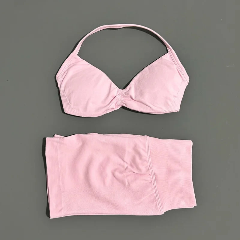 2 Piece Sport Set Women Seamless Yoga Tank Bra High Waist Scrunch Bum Gym Shorts Sets Fitness Running Workout Suit