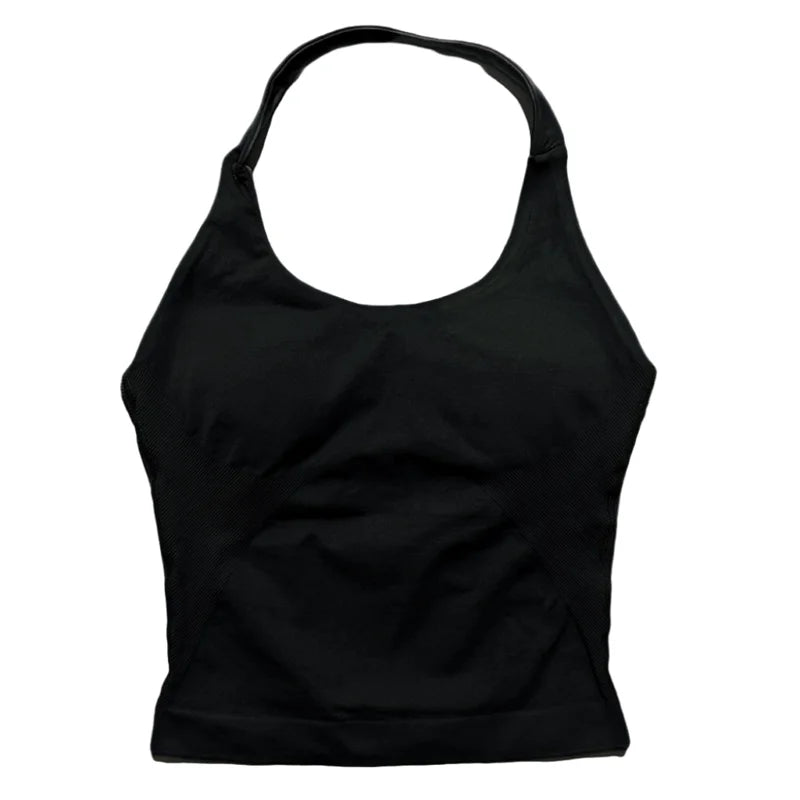 Débardeur de sport long dos nu pour femme, sans coutures, idéal pour le yoga, avec coussinets amovibles pour la poitrine et effet push-up. Haut de fitness et de course à pied.
