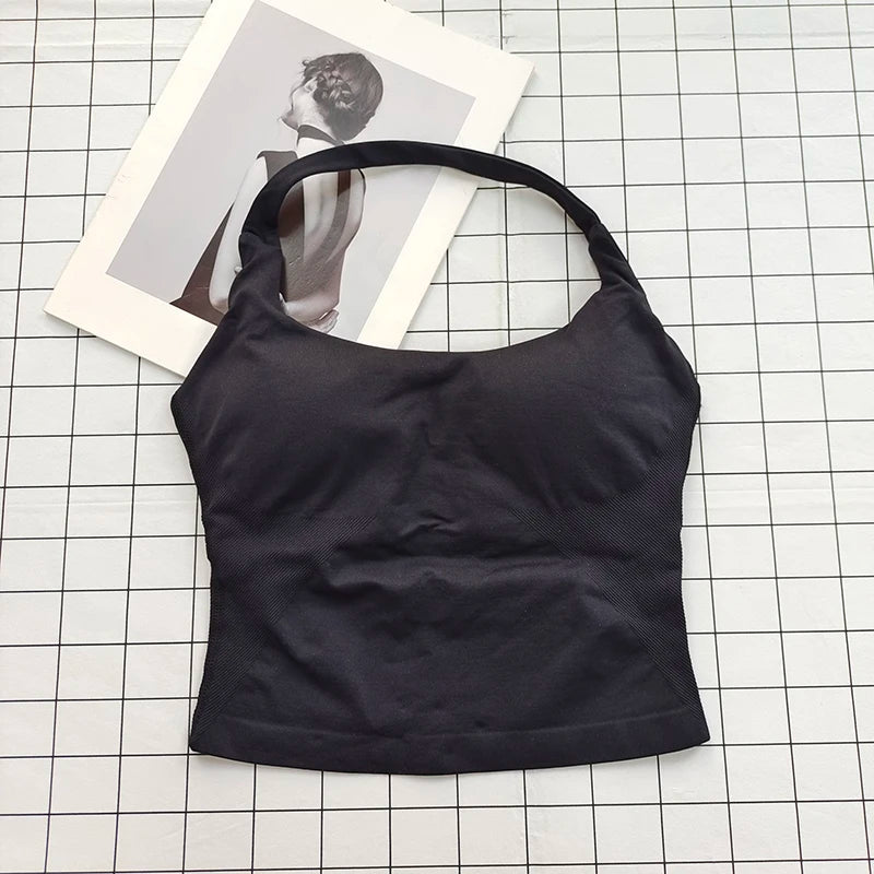 Seamless Halter Top Backless Longline Strappy Padded Sports Top Women Built-in Bra Removable Cups Activewear Yoga Tank Tops