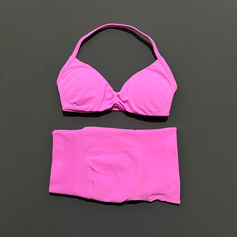 2 Piece Sport Set Women Seamless Yoga Tank Bra High Waist Scrunch Bum Gym Shorts Sets Fitness Running Workout Suit
