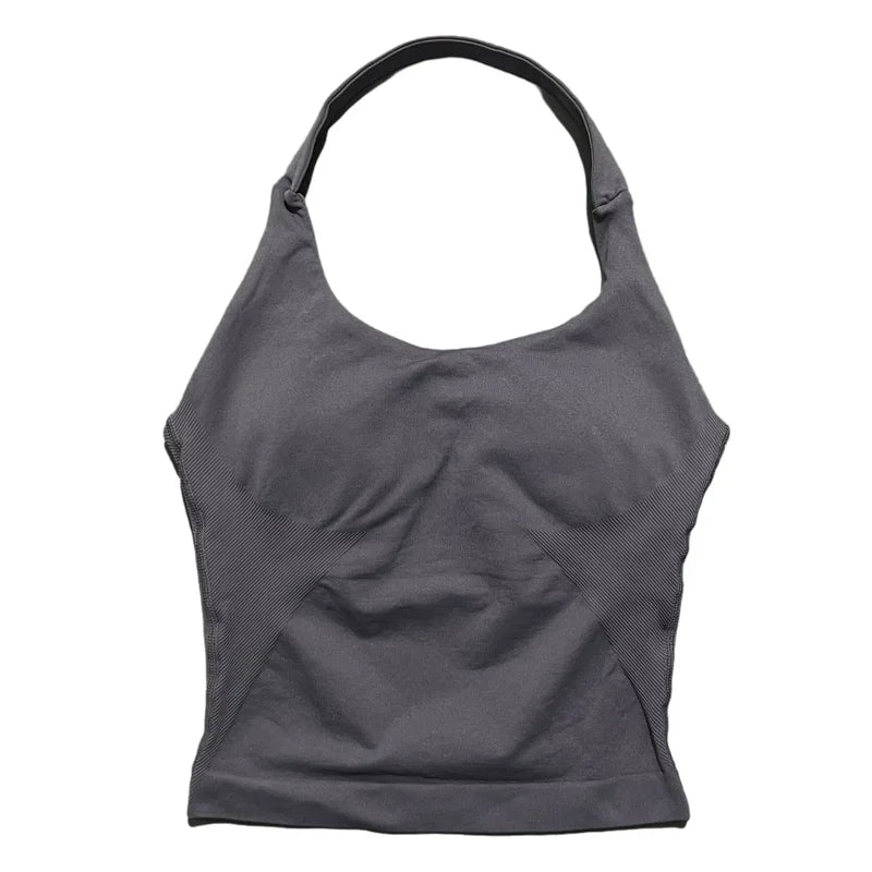 Débardeur de sport long dos nu pour femme, sans coutures, idéal pour le yoga, avec coussinets amovibles pour la poitrine et effet push-up. Haut de fitness et de course à pied.