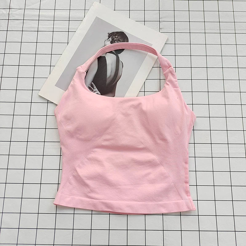 Seamless Halter Top Backless Longline Strappy Padded Sports Top Women Built-in Bra Removable Cups Activewear Yoga Tank Tops