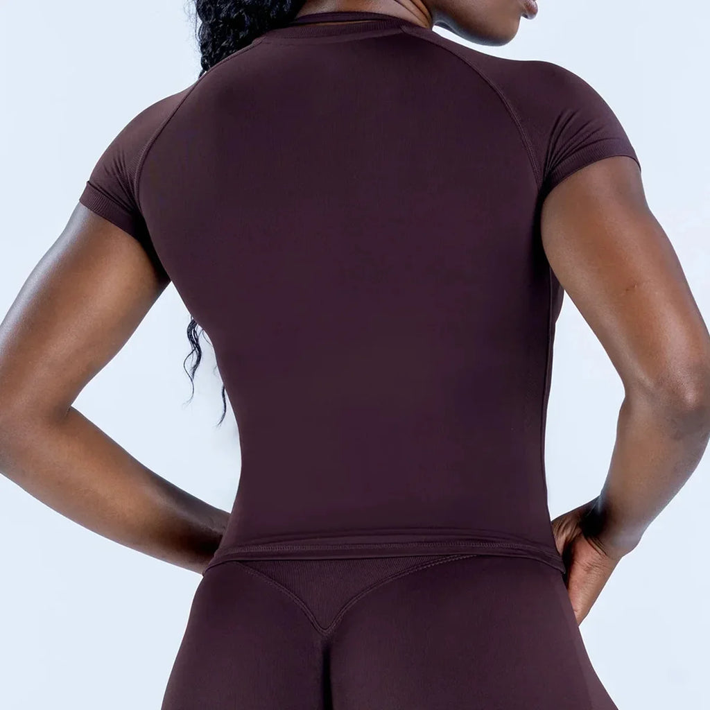 Camiseta deportiva de manga corta de color liso para mujer, con cuello redondo, de punto ajustado, transpirable, para fitness y yoga, nuevo estilo