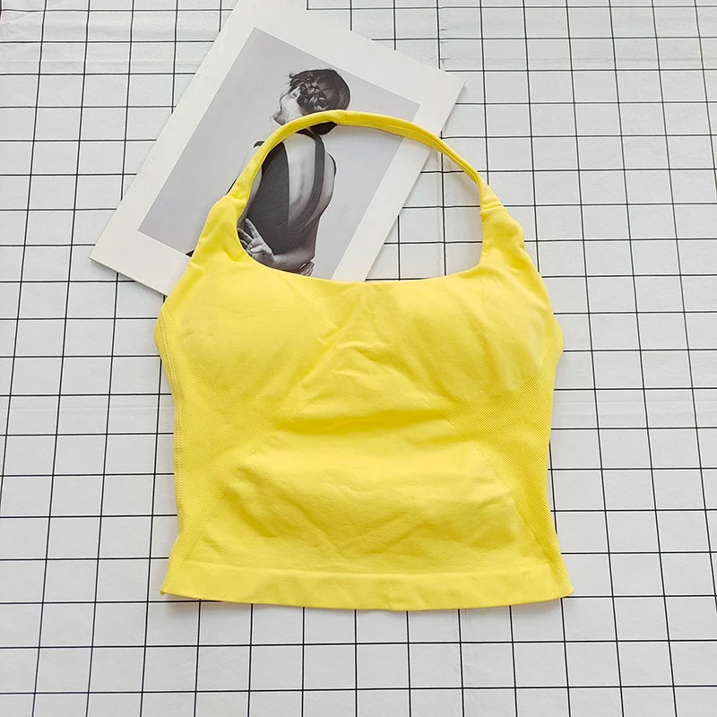 Seamless Halter Top Backless Longline Strappy Padded Sports Top Women Built-in Bra Removable Cups Activewear Yoga Tank Tops