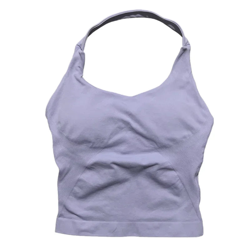 Débardeur de sport long dos nu pour femme, sans coutures, idéal pour le yoga, avec coussinets amovibles pour la poitrine et effet push-up. Haut de fitness et de course à pied.