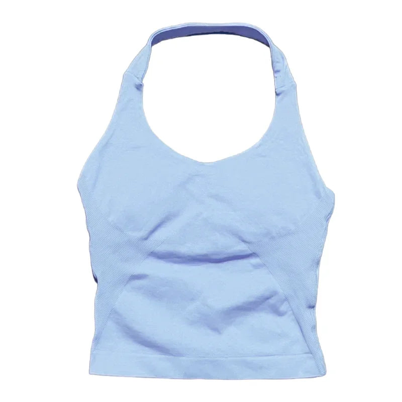 Débardeur de sport long dos nu pour femme, sans coutures, idéal pour le yoga, avec coussinets amovibles pour la poitrine et effet push-up. Haut de fitness et de course à pied.