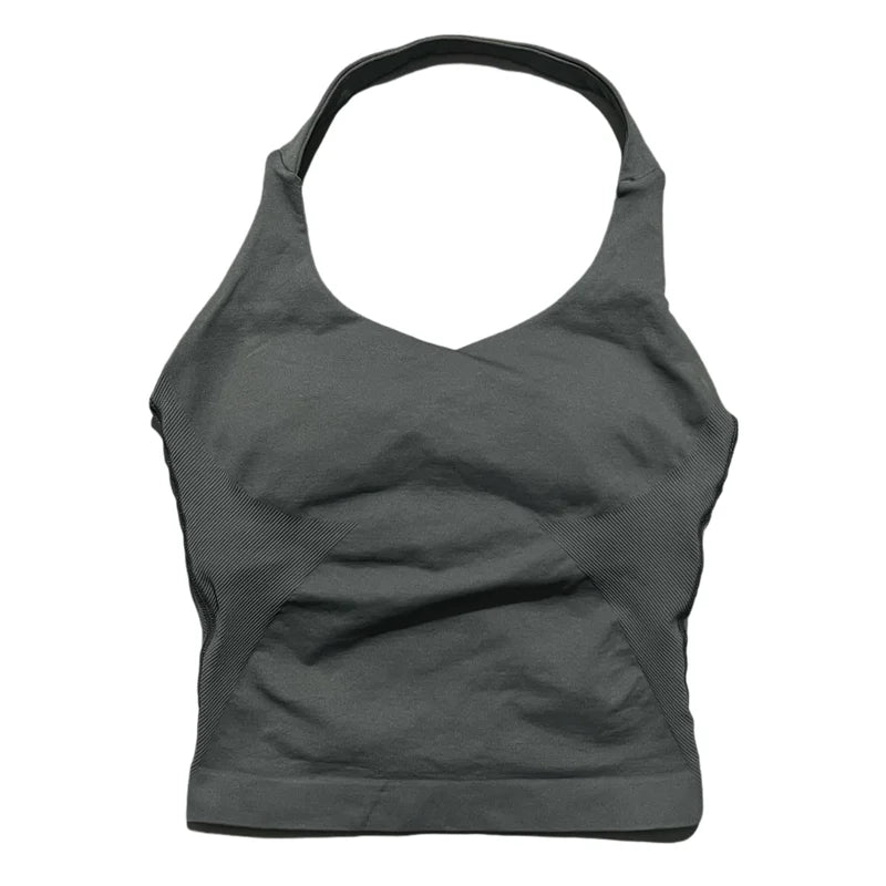 Débardeur de sport long dos nu pour femme, sans coutures, idéal pour le yoga, avec coussinets amovibles pour la poitrine et effet push-up. Haut de fitness et de course à pied.