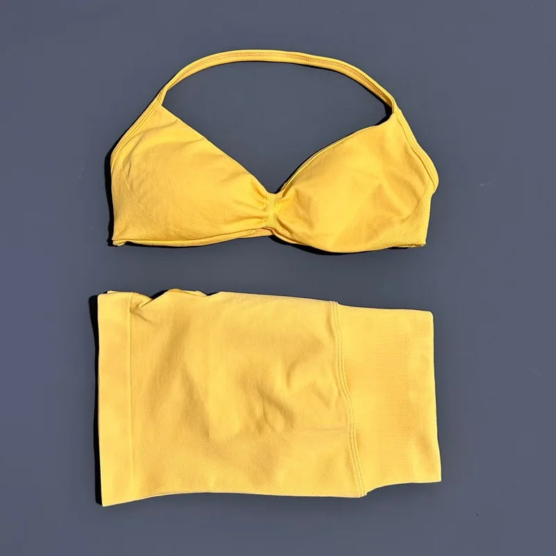 2 Piece Sport Set Women Seamless Yoga Tank Bra High Waist Scrunch Bum Gym Shorts Sets Fitness Running Workout Suit