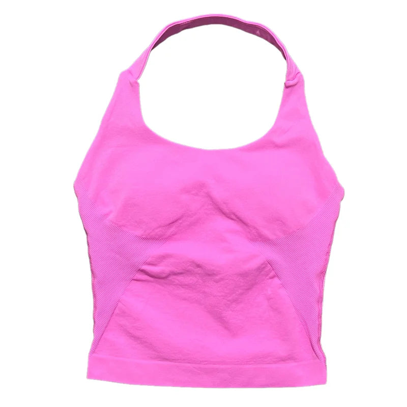 Débardeur de sport long dos nu pour femme, sans coutures, idéal pour le yoga, avec coussinets amovibles pour la poitrine et effet push-up. Haut de fitness et de course à pied.