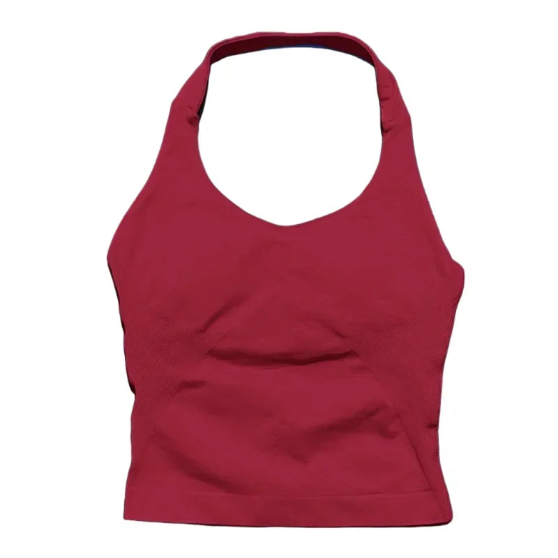 Débardeur de sport long dos nu pour femme, sans coutures, idéal pour le yoga, avec coussinets amovibles pour la poitrine et effet push-up. Haut de fitness et de course à pied.