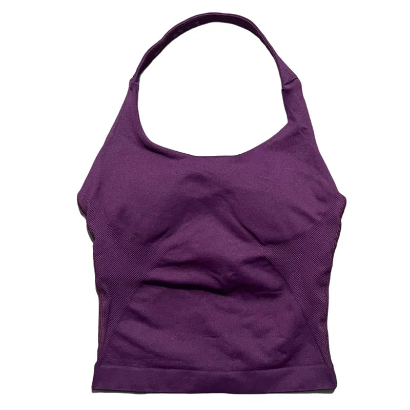 Débardeur de sport long dos nu pour femme, sans coutures, idéal pour le yoga, avec coussinets amovibles pour la poitrine et effet push-up. Haut de fitness et de course à pied.