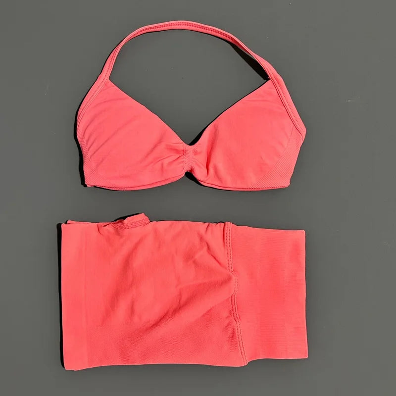 2 Piece Sport Set Women Seamless Yoga Tank Bra High Waist Scrunch Bum Gym Shorts Sets Fitness Running Workout Suit