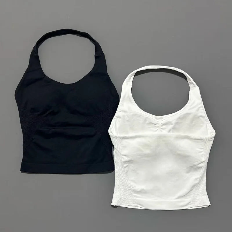 Top largo de gimnasio con cuello halter para mujer, sin costuras, para yoga, con almohadilla extraíble para el pecho, push up, deportivo, para fitness, entrenamiento y running.
