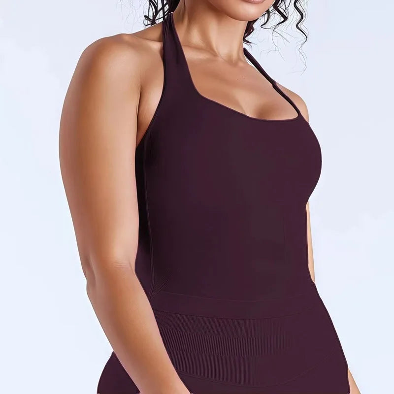 Top largo de gimnasio con cuello halter para mujer, sin costuras, para yoga, con almohadilla extraíble para el pecho, push up, deportivo, para fitness, entrenamiento y running.
