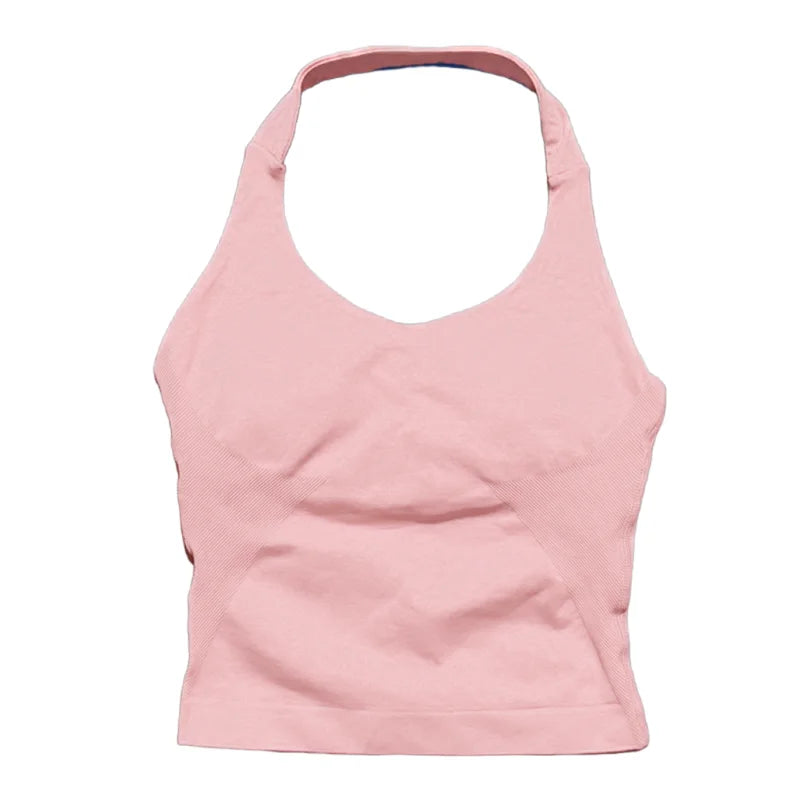 Débardeur de sport long dos nu pour femme, sans coutures, idéal pour le yoga, avec coussinets amovibles pour la poitrine et effet push-up. Haut de fitness et de course à pied.