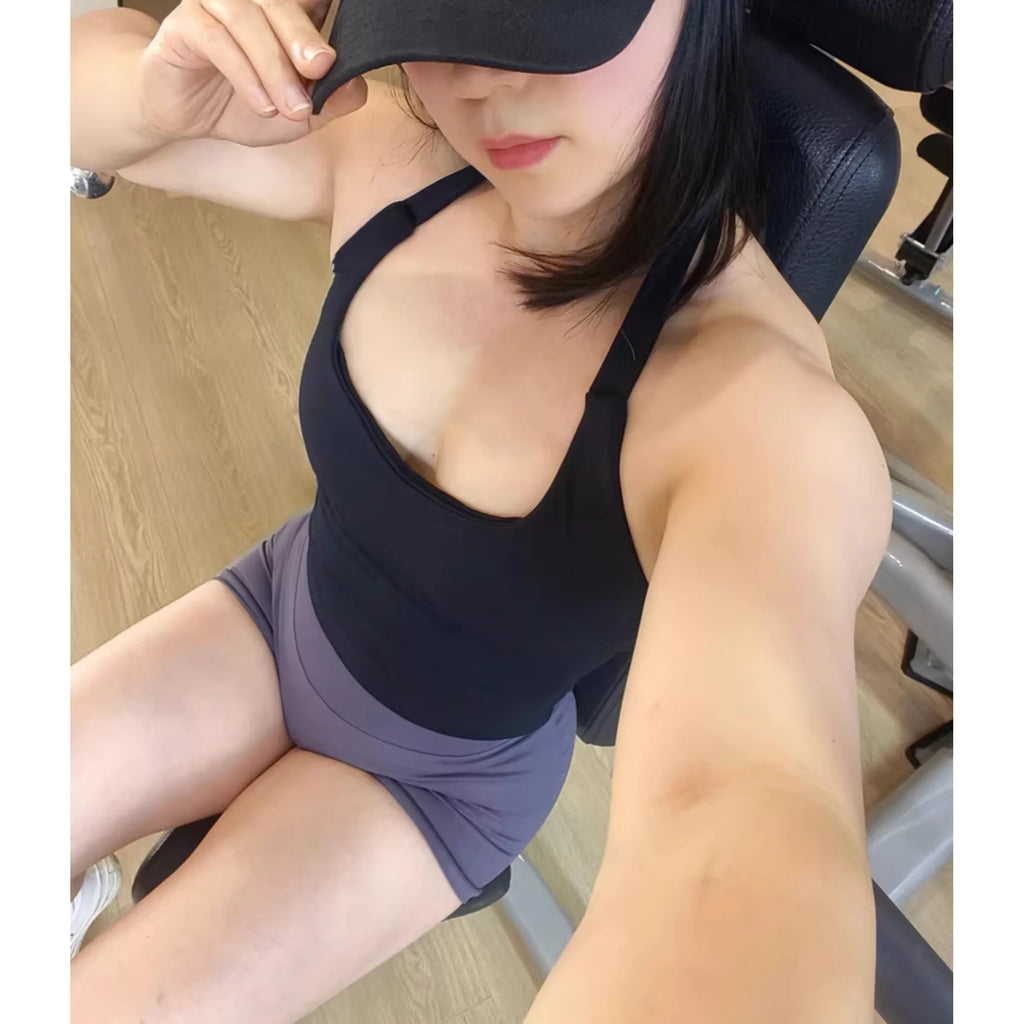 Seamless Halter Top Backless Longline Strappy Padded Sports Top Women Built-in Bra Removable Cups Activewear Yoga Tank Tops