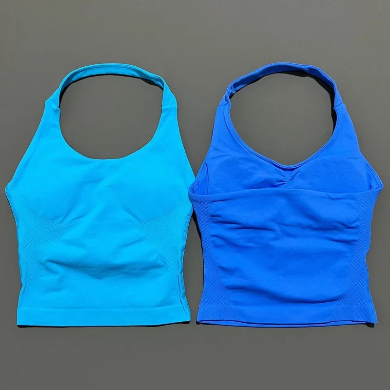 Top largo de gimnasio con cuello halter para mujer, sin costuras, para yoga, con almohadilla extraíble para el pecho, push up, deportivo, para fitness, entrenamiento y running.