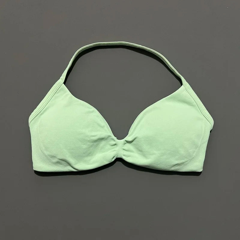 EASYFIT Strappy Bra Gym Top Women High Support Thin Strap Halter Sports Seamless Bras Scrunch Push-up Workout Yoga Tank Tops
