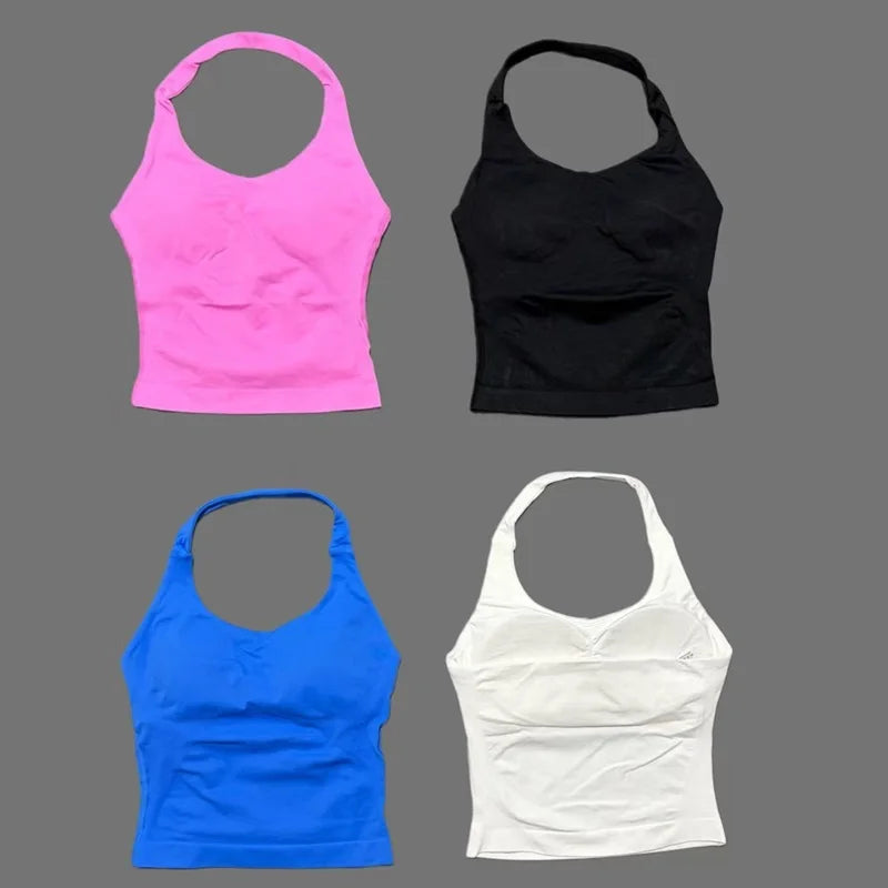Top largo de gimnasio con cuello halter para mujer, sin costuras, para yoga, con almohadilla extraíble para el pecho, push up, deportivo, para fitness, entrenamiento y running.